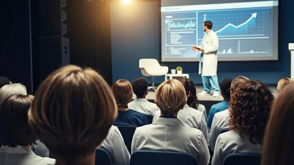A diverse group of medical professionals, including male and female doctors and nurses, attentively listening to a presentation on healthcare innovation in a conference setting. - Powered by Adobe