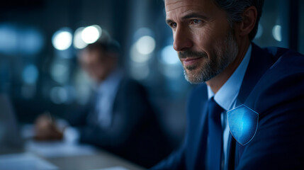 Faceless cyber security professional in business meeting, network protection specialist, corporate security discussion, IT security consultant, defocused person, with copy space