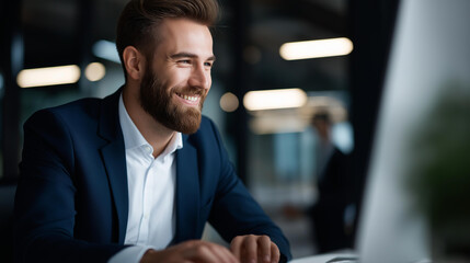 Faceless successful bearded businessman in formal suit working online on computer internet, professional digital work, corporate computing activity, defocused person, with copy space
