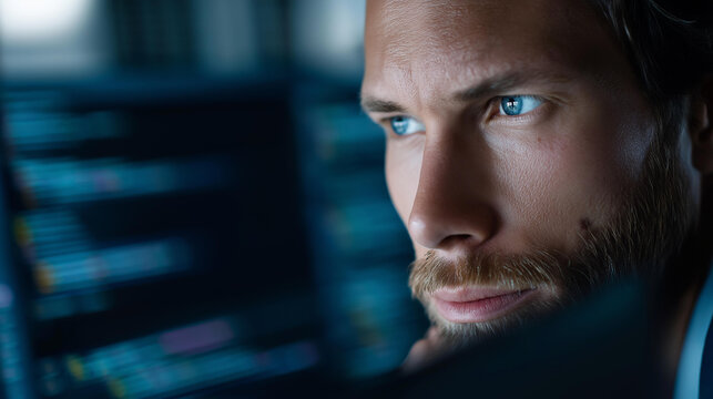 Faceless programming coding and man with focus hologram and trading with cyber security futuristic and research, male person investor and employee with data analysis server or investment, - Powered by Adobe