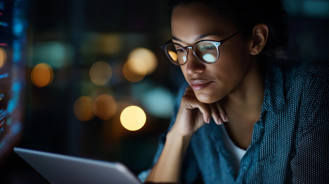 Faceless software coding hologram and woman on tablet thinking of data analytics digital technology and night overlay, programmer or IT person in glasses on 3D screen programming cybersecurity - Powered by Adobe