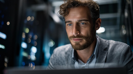 Faceless skilled IT professional expertly managing data while navigating in industrial server room, expert ensuring flawless cybersecurity protection optimizing systems and perform necessary