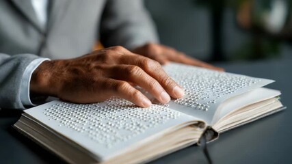 A person’s hands gently move across the raised dots of a Braille book, symbolizing literacy and accessibility. The image conveys support for diversity, inclusion, and equal educational opportunities - Powered by Adobe