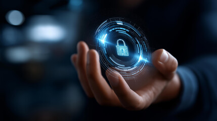 Cybersecurity concept user privacy security and encryption, secure internet access, future technology and cybernetics, screen padlock visualization, digital protection interface, with copy space