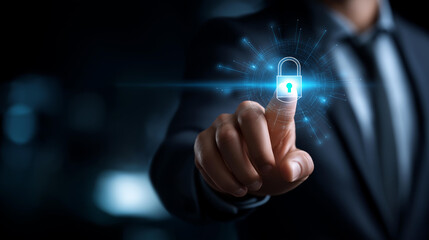 Cybersecurity concept user privacy security and encryption, secure internet access, future technology and cybernetics, screen padlock visualization, digital protection interface, with copy space