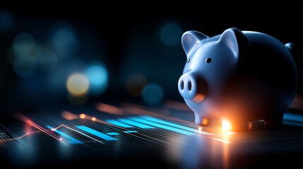 Vivid representation of financial stability with digital piggy bank and glowing data visuals, economic security visualization, savings technology concept, monetary protection imagery, with copy