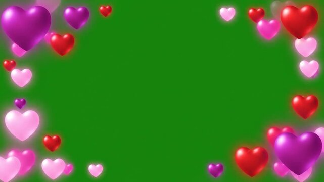 Floating Hearts on Green Screen Background for Valentines Day and Love.