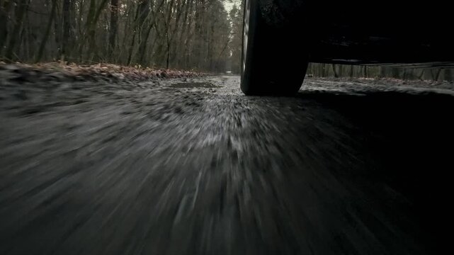 Car's front wheel spins rapidly on muddy forest road, splashing through puddles of liquid mud. The vehicle's tire treads grip the dirty terrain as it navigates the challenging terrain, wheels turning