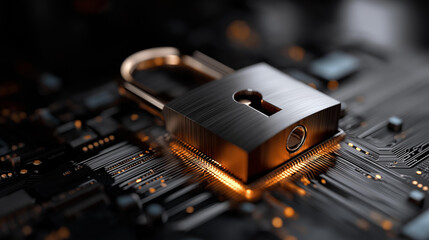 Cyber security lock protecting digital data on circuit board, hardware security visualization, electronic data protection, technological safety infrastructure, network defense imagery, with copy