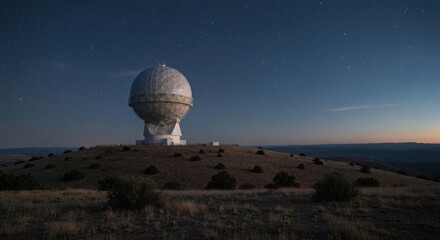 Nighttime view of an astronomical observatory atop a hill under a starry sky