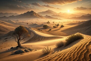 Golden desert landscape at sunset, sculpted sand dunes and mountains under a warm, cloudy sky, a scene of serene natural beauty and arid terrain.