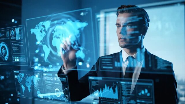 Man in dark suit uses futuristic blue display with global map and data charts.