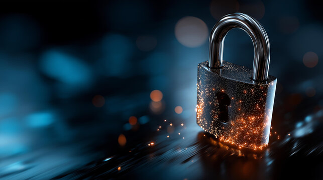 Digital padlock with glowing edges on dynamic abstract background, embodies cybersecurity concept, virtual lock visualization, network security symbolism, data protection representation, with - Powered by Adobe