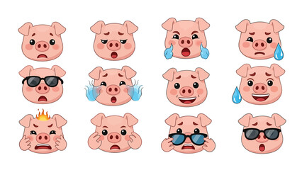 Obraz premium Set of cartoon pig emojis expressing various emotions like sadness, anger, and happiness, perfect for digital communication