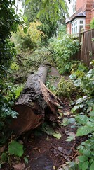 Massive tree trunk lies fallen across a residential garden path