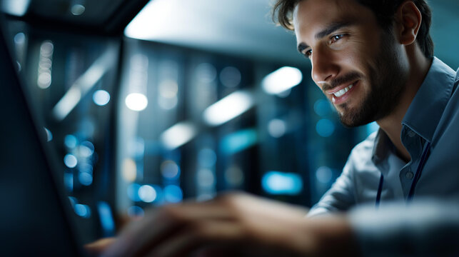 Faceless laptop server room and man on network for maintenance programming software or typing, tech data center and happy engineer on system database for information cybersecurity cloud - Powered by Adobe