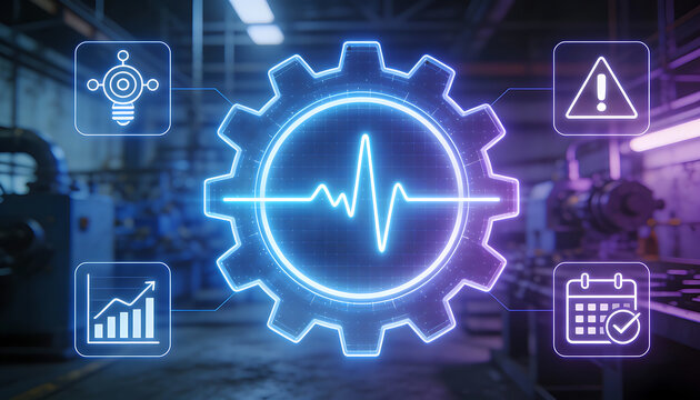 futuristic industrial automation concept with glowing neon gear and digital icons for manufacturing process monitoring maintenance scheduling predictive analysis and factory efficiency