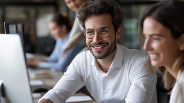 Faceless diverse colleagues discuss data on computer working in modern office, multicultural team collaboration, professional workplace discussion, defocused people, with copy space - Powered by Adobe