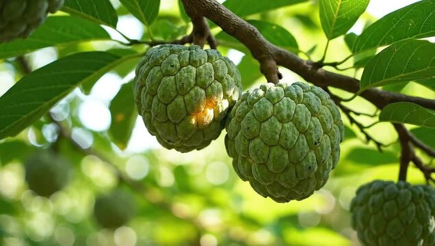Ripe tropical custard apples and green leaves hang from a fresh organic sugar apple tree in a nature agriculture setting producing delicious sweet fruit