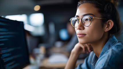 Faceless portrait of successful female software engineer working on applications and digital innovations at office desk, technology professional development, defocused face, with copy space