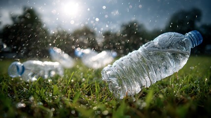 Plastic water bottles discarded on green grass under bright sun