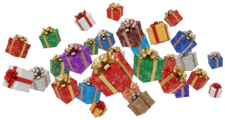 Valentine PNG, Dynamic explosion of colorful holiday gift boxes floating and falling through air with vibrant wrapping and sparkling snow texture isolated on transparent background