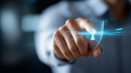 Holographic interface cybersecurity action office digital art, engaging closeup perspective, virtual security visualization, digital protection interface, network safety display, with copy space