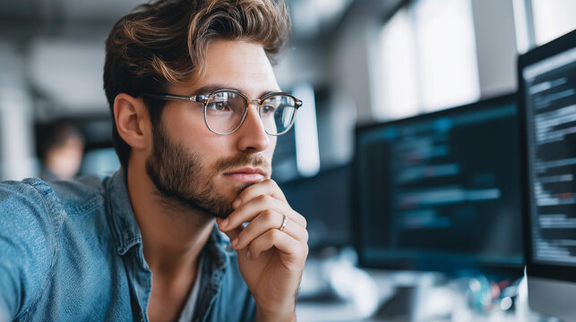 Faceless young developer in eyeglasses concentrating on online work on computer sitting at workplace, software programming focus, coding concentration, defocused person, with copy space