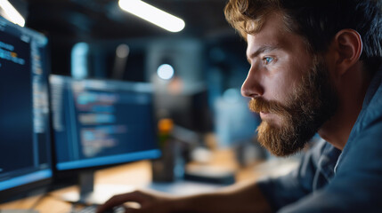 Faceless coding computer and web development with man in creative workplace for design or programming, cyber security language and system maintenance with employee person in office as website