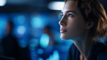 Faceless woman in tech illuminated by blue data light, focused on advanced cybersecurity systems, security operations specialist, network protection professional, defocused person, with copy