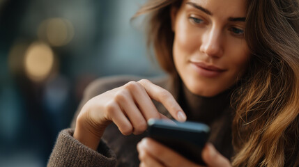 Faceless closeup of woman using mobile phone with finger poised above screen, smartphone interaction, mobile device usage, touchscreen engagement, defocused hand, with copy space