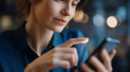 Faceless closeup of woman using mobile phone with finger poised above screen, smartphone interaction, mobile device usage, touchscreen engagement, defocused hand, with copy space