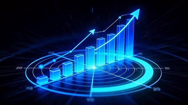 Digital bar chart with upward trend arrow on circular grid interface
