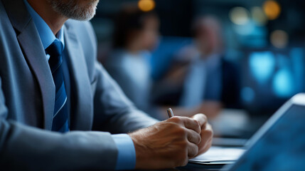 Faceless cyber security professional in business meeting, network protection specialist, corporate security discussion, IT security consultant, defocused person, with copy space