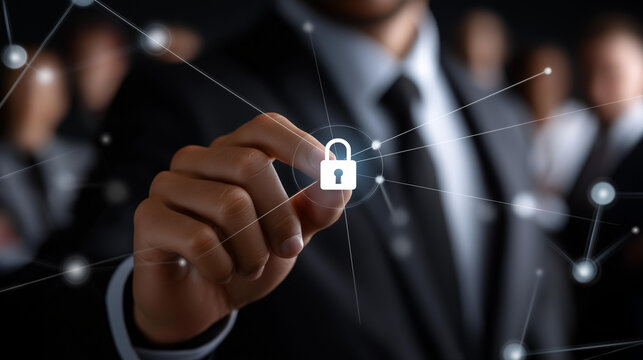 Cybersecurity concept global network security technology, faceless business people protect personal information, encryption with padlock icon on virtual interface, defocused professionals, with - Powered by Adobe