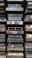 Rough rusted metal plates stacked tightly creating an industrial texture pattern