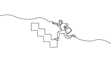 Continuous line businessman climbing stairs vector illustration, career growth and business success concept