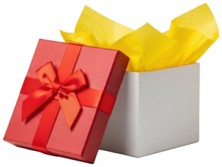 Valentine PNG, Open white gift box with bright red lid tied with large satin ribbon bow revealing crumpled yellow tissue paper inside isolated on clear background