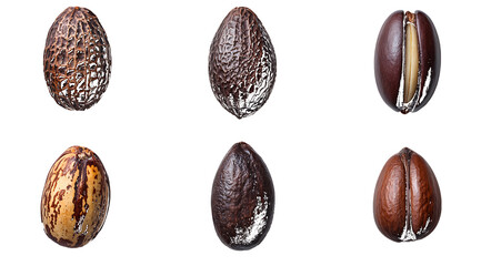 Six individual Brazil nuts in different stages of shelling and cracking on white background isolated on a transparent background