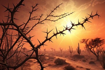 Thorny desert bush branches silhouetted against a vibrant sunset over an arid landscape