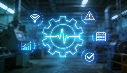 futuristic industrial manufacturing automation interface with glowing neon gear and digital icons for factory production monitoring maintenance scheduling and predictive analytics