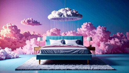 Pastel clouds gently floating above a serene bedroom scene with fluffy clouds turning into soft light