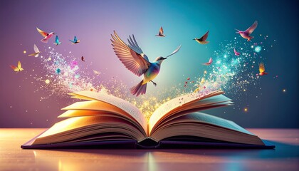 A hummingbird emerges from an open book with colorful butterflies floating around it on a soft gradient background
