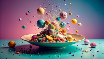 Sweets and treats suspended in mid-air around a bowl filled with colorful candy and sprinkles on a pastel background