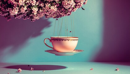 A delicate tea cup suspended amidst floral clouds in a surreal environment viewed from a serene perspective