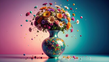 Surreal vibrant flowers exploding from a colorful vase in a minimalist setting