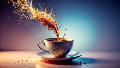 Coffee splashing out of a cup filled with soft liquid on a saucer