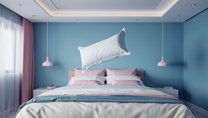 Gently floating pillow above serene bed with soft pastel tones in calm surreal interior scene