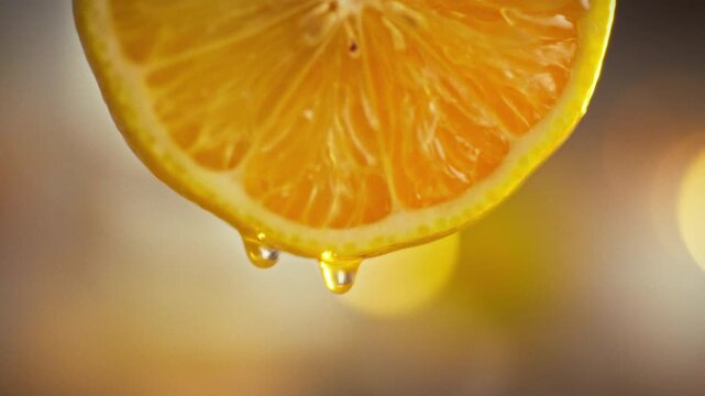 A magnified image of a cut lemon reveals complex fibers, seeds, and a noticeably grainy texture. Drops of juice are visible on the surface, highlighting the fruit's internal structure