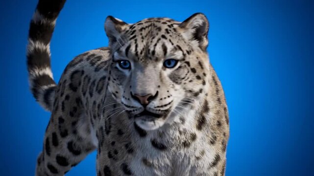 Snow leopard resting against blue backdrop wildlife animal portrait